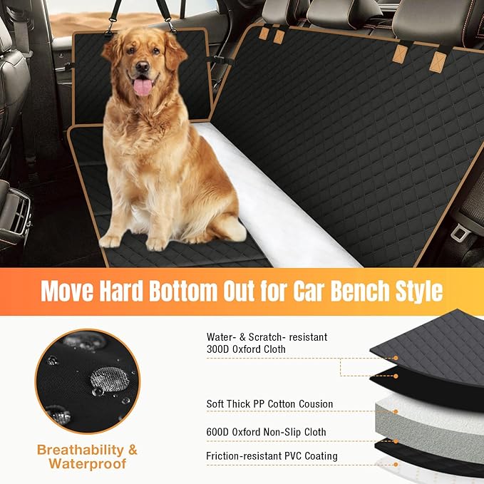 Dog Car Seat Cover for Back Seat, Dog Car Bed Cover with Strong Hard Bottom 4 Panels, Car Back Seat Extender Hammock for Car SUV Truck Black Color