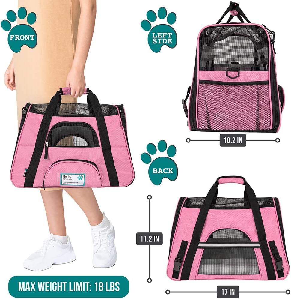 PetAmi Airline Approved Pet Carrier for Cat, Soft Sided Dog Carrier for Small Dogs, Cat Travel Supplies Accessories for Indoor Cats, Ventilated Pet Carrying Bag Medium Large Kitten Puppy, Small Pink