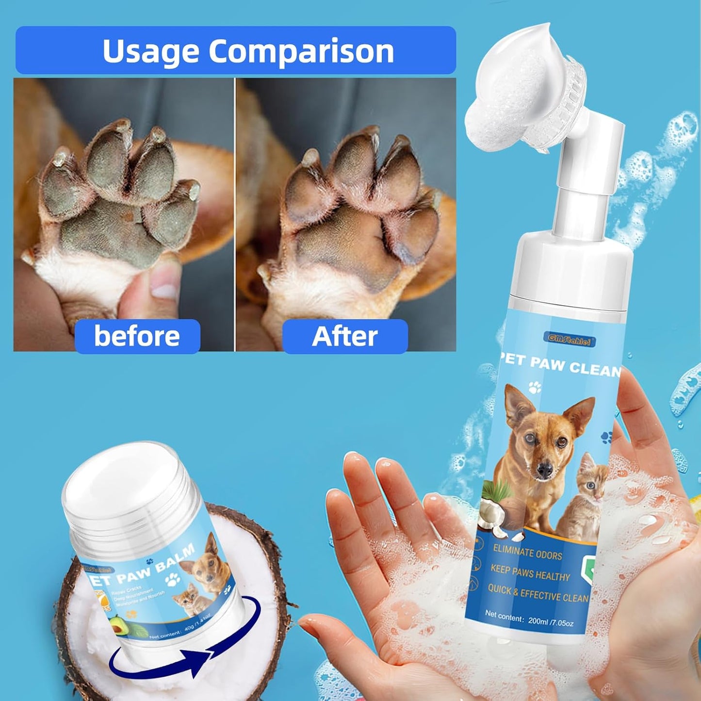 Dog Paw Care Kit,No-Rinse Paw Cleaner for Dogs & Cats,Dog Paw Balm for Heals -Repairs Dry Cracked Paws & Nose with 1 Pet Cleaning Towels,Natural Dog Paw Protector for Pet Foot Washer Care