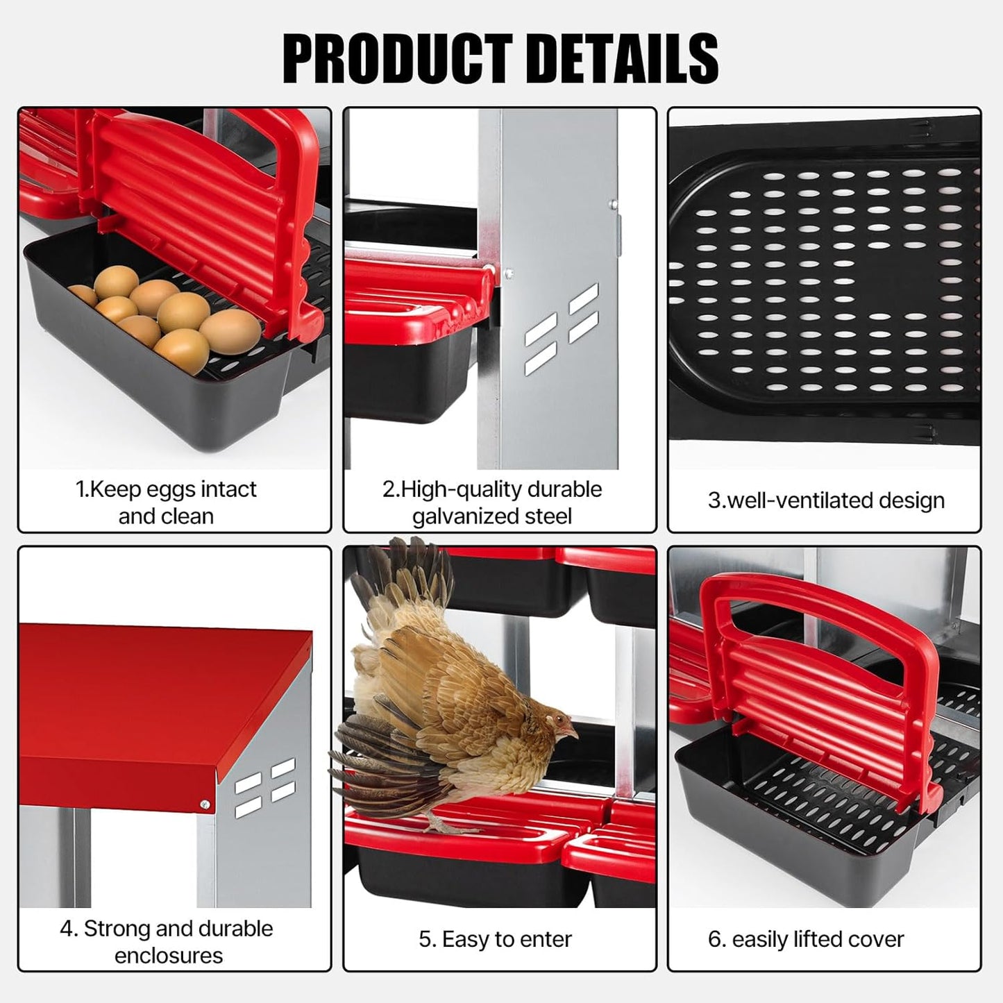 Chicken Nesting Box 2-Tier Galvanized Steel 6 Holes Nesting Boxes for Chickens Durable & Weather-Resistant Chicken Egg Laying Box Holds Up to 30 Hens with Removable Tray for Easy Cleaning