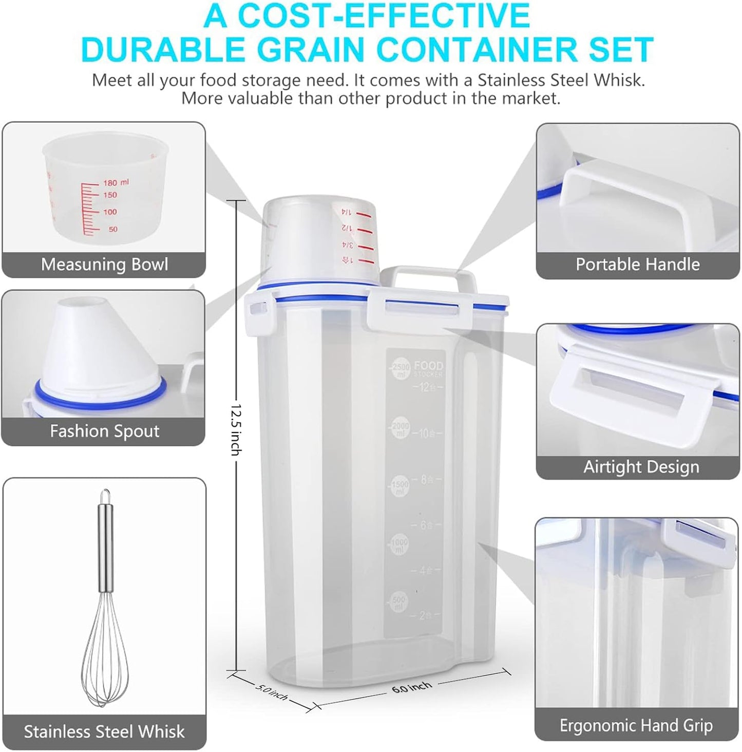 Rice Airtight Dry Food Storage Containers, BPA Free Plastic Sealed Holder Bin Dispenser with Pouring Spout, Measuring Cup for Cereal, Flour and Oatmeal, Include a Stainless Steel Whisk