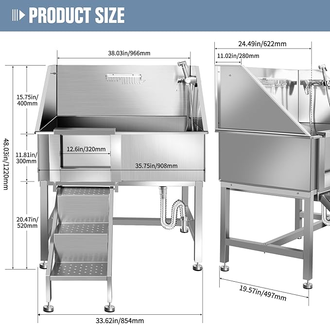 38" Dog Bathing Station, Professional Dog Washing Station Stainless Steel Dog Grooming Tub for Home,Equipped with Three Anti-Slip Steps, Removable Door, Pet Wash Station for Pet,L-RAMP