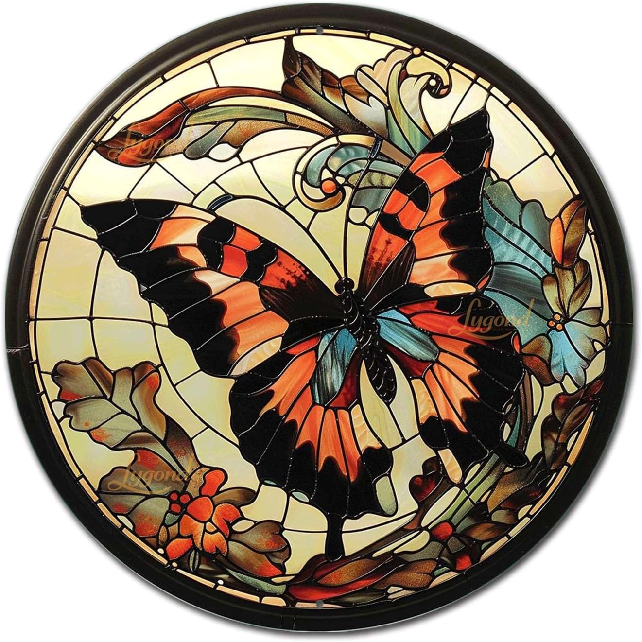 Lygond Metal Sign Tin Sign Circular Stained Glass Butterfly Bar Signs for Home Decor for Yard 12×12 Inches