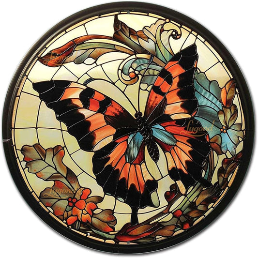 Lygond Metal Sign Tin Sign Circular Stained Glass Butterfly Bar Signs for Home Decor for Yard 12×12 Inches