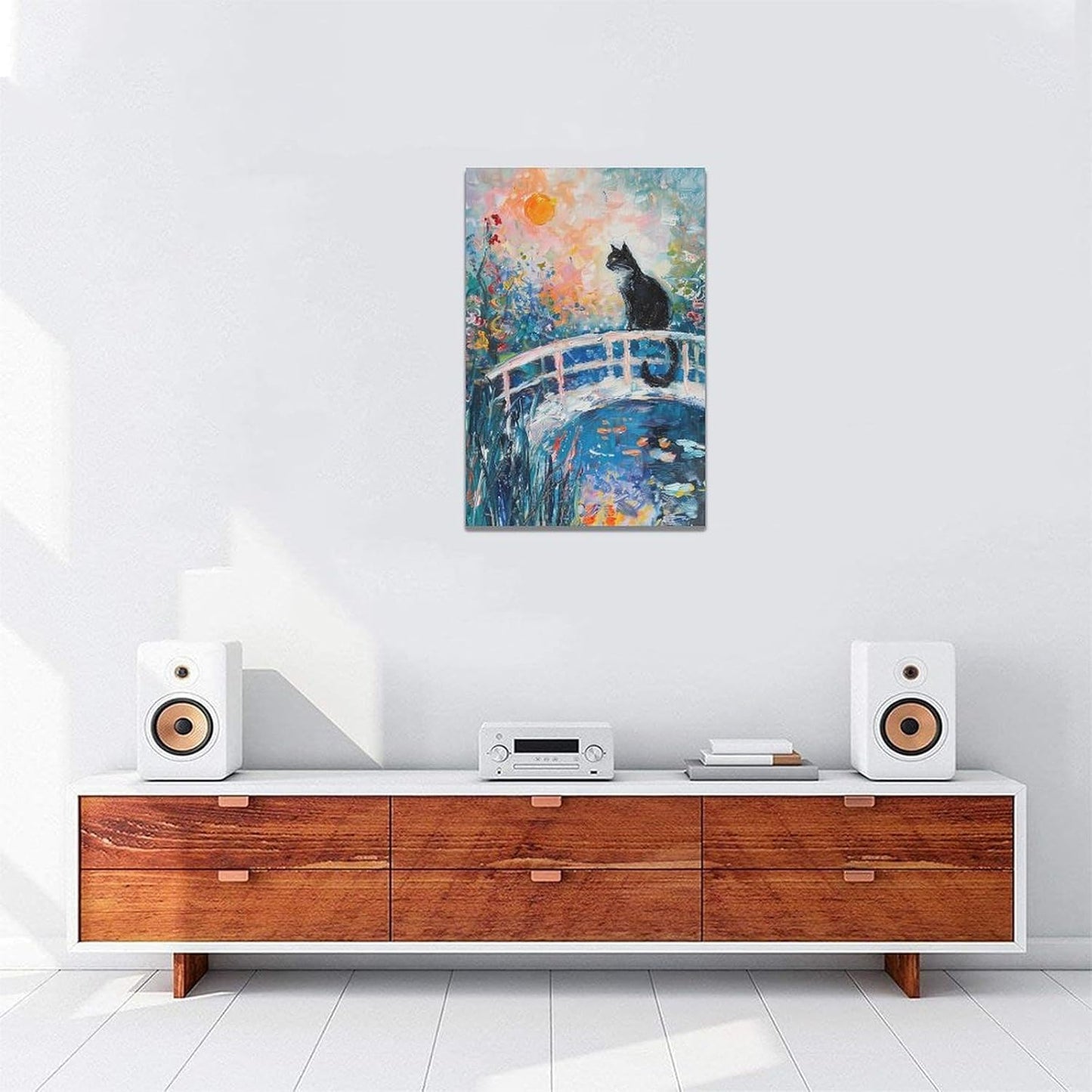 Quorin Black Cat Wall Art Water Lily Sunset Pictures Cat Wall Decor Impressionism Canvas Print Painting Artwork for Bathroom Living Room Bedroom 16"x24"