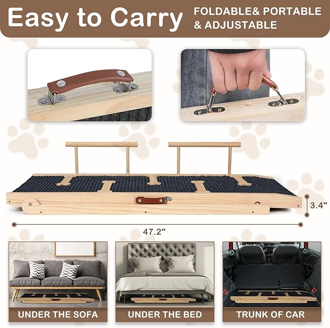Dog Ramp for Bed Couch Extra Wide Folding Pet Ramps for Large Dogs to Get on Bed, Portable Doggie Steps 6 Adjustable Height 27.3”, 47.3" Long