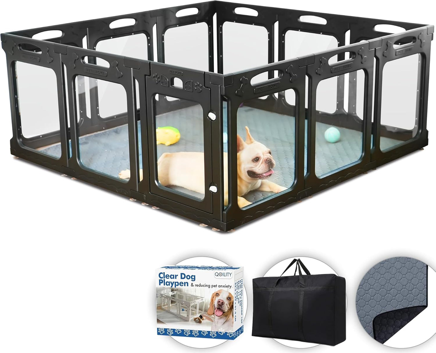 Clear Acrylic Dog Playpen Indoor, Effectively Relieves Indoor Pet Anxiety, 56" x 56" x 23.6"H, Suitable for Puppy and Dog, Black