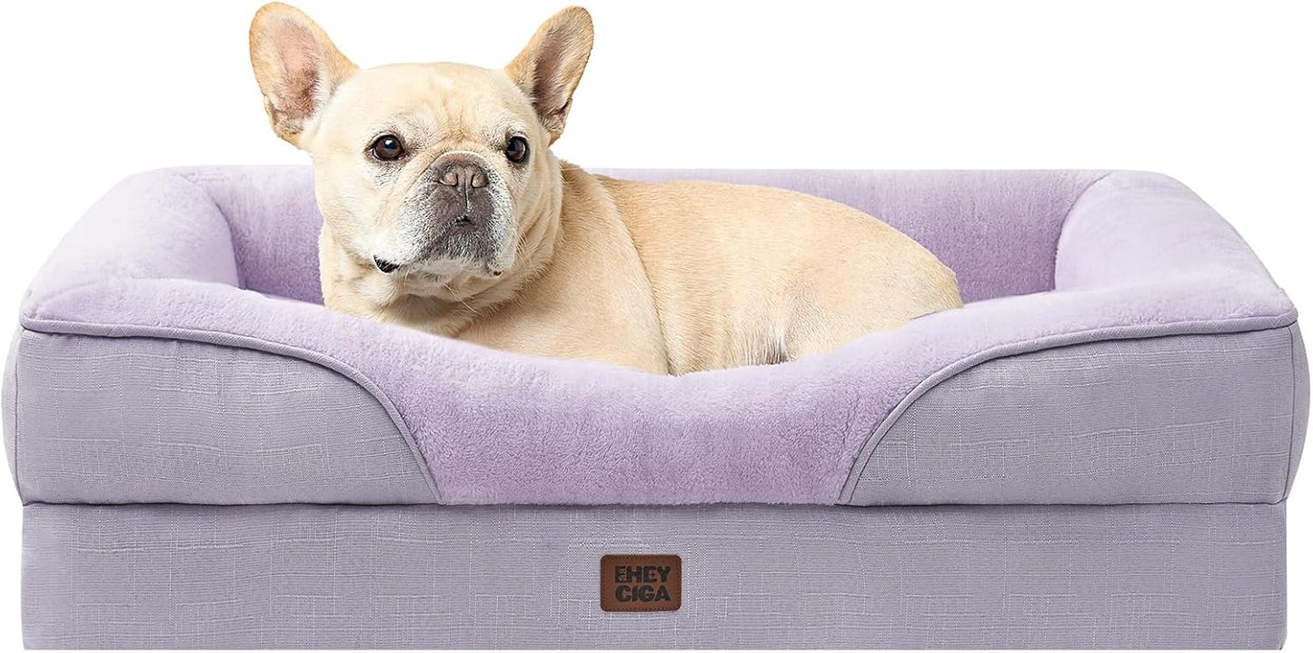 EHEYCIGA Memory Foam Dog Bed for Medium Size, Orthopedic Dog Sofa with Sides and Waterproof Liner, Washable Bolster Pet Couch with Removable Cover, 30x20x6.5 Inch, Purple