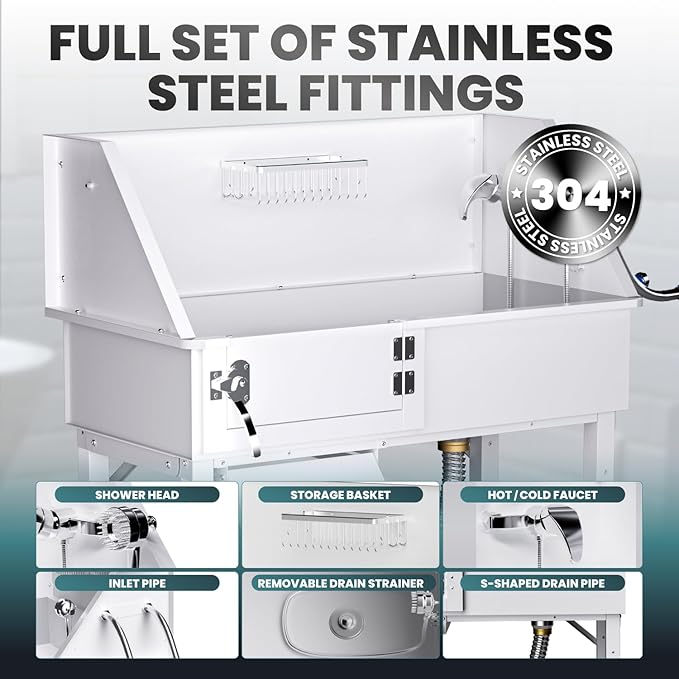 Dog Washing Station for Home, 38" White Professional Stainless Steel Dog Grooming Tub, Height Adjustable Dog Bathing Station, Upgrade Parts, Dog Bath Tubs for Small & Medium Dogs(Left Ramp)