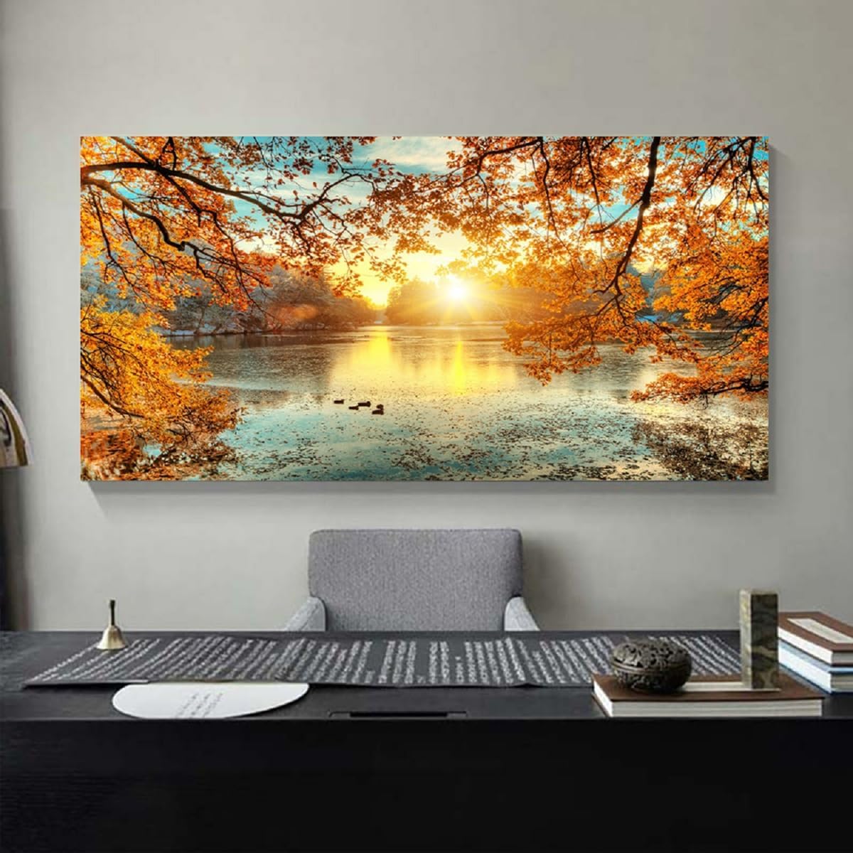 Yxbhhym-Landscape Tree Canvas Wall Art Fall Forest Sunset Wall Decor Poster Lake Water Pictures for bedroom wall décor Natural Scenery Paintings Artwork Large Living Room Decor Home Office Decoration