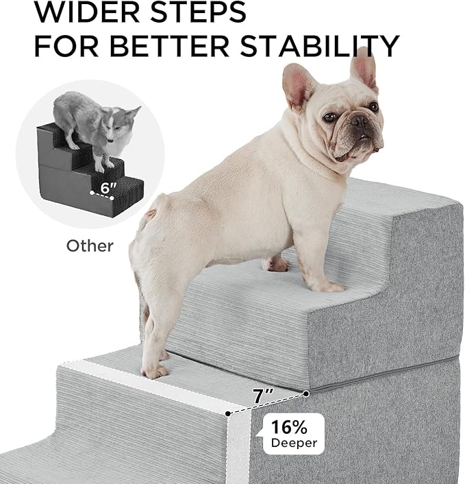Made4Pets Dog Steps for Bed, Extra Wide Dog Stairs for High Bed Couch Sofa, 35D Foam Pet Steps for Small Dogs and Cats, Non-Slip Bottom Pet Stairs, Light Grey, 4 Steps