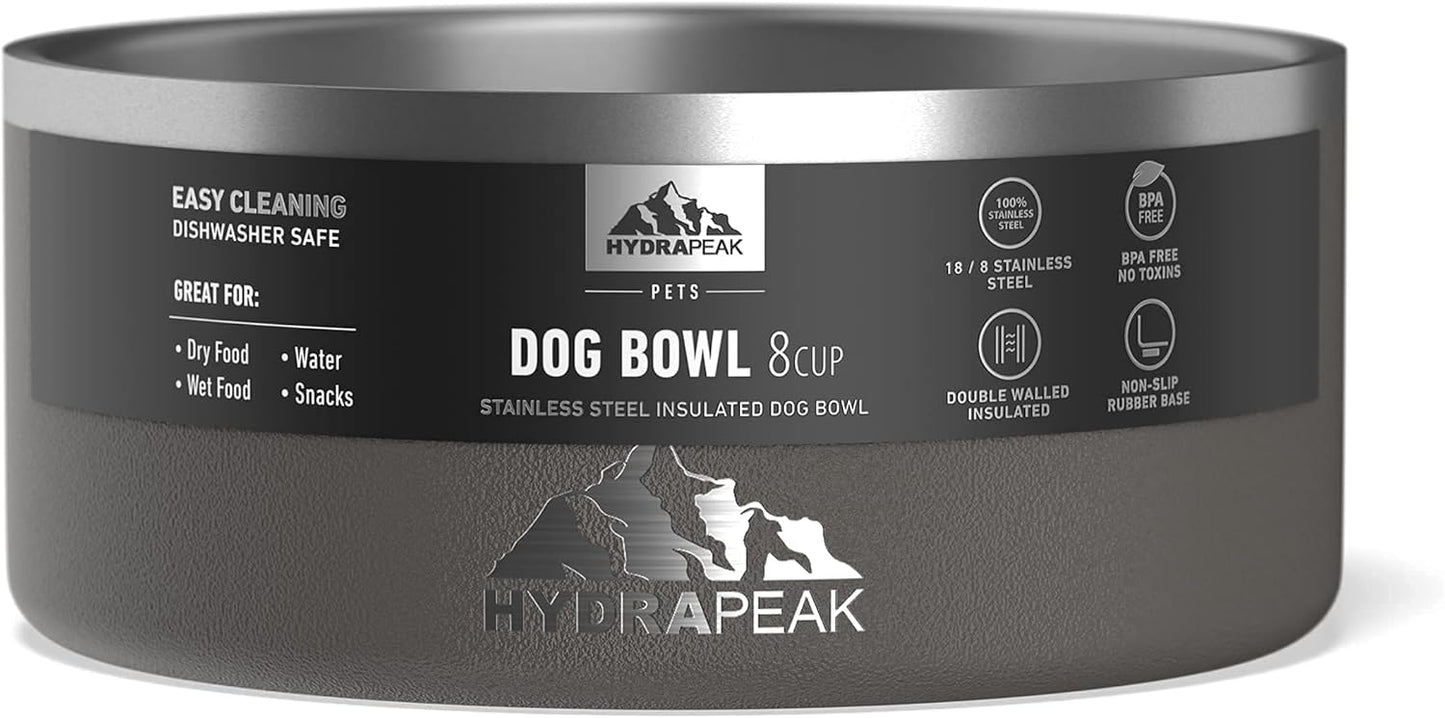 Hydrapeak Dog Bowl; Non Slip Stainless Steel; Water and Food Dish; Large Sized and Small Dogs; 32oz 64oz; Multiple Sizes | 8 Cup | Graphite