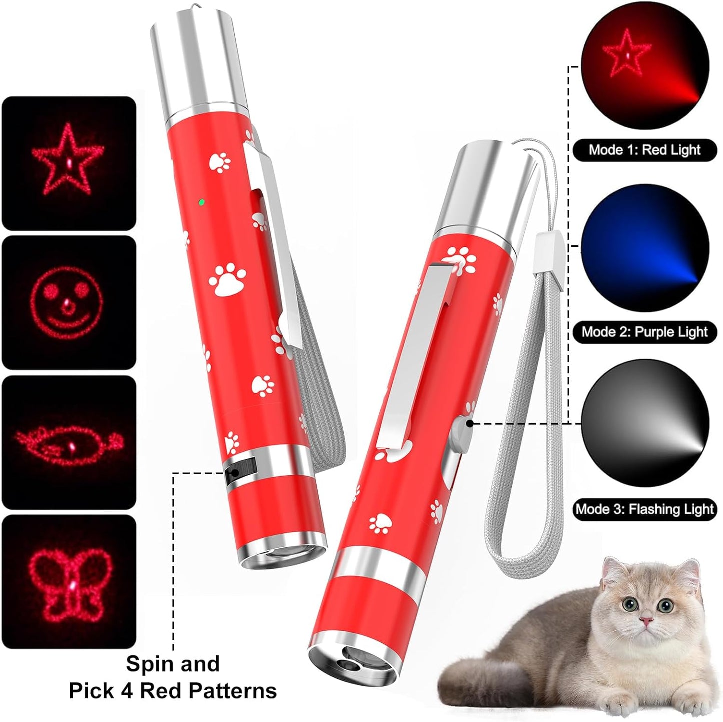 EAWONGEE Cat Toys Rechargeable, Indoor Cats Chase Light, Interactive for Kitty Pet Dog with 3 Light Modes 5 Patterns, Red