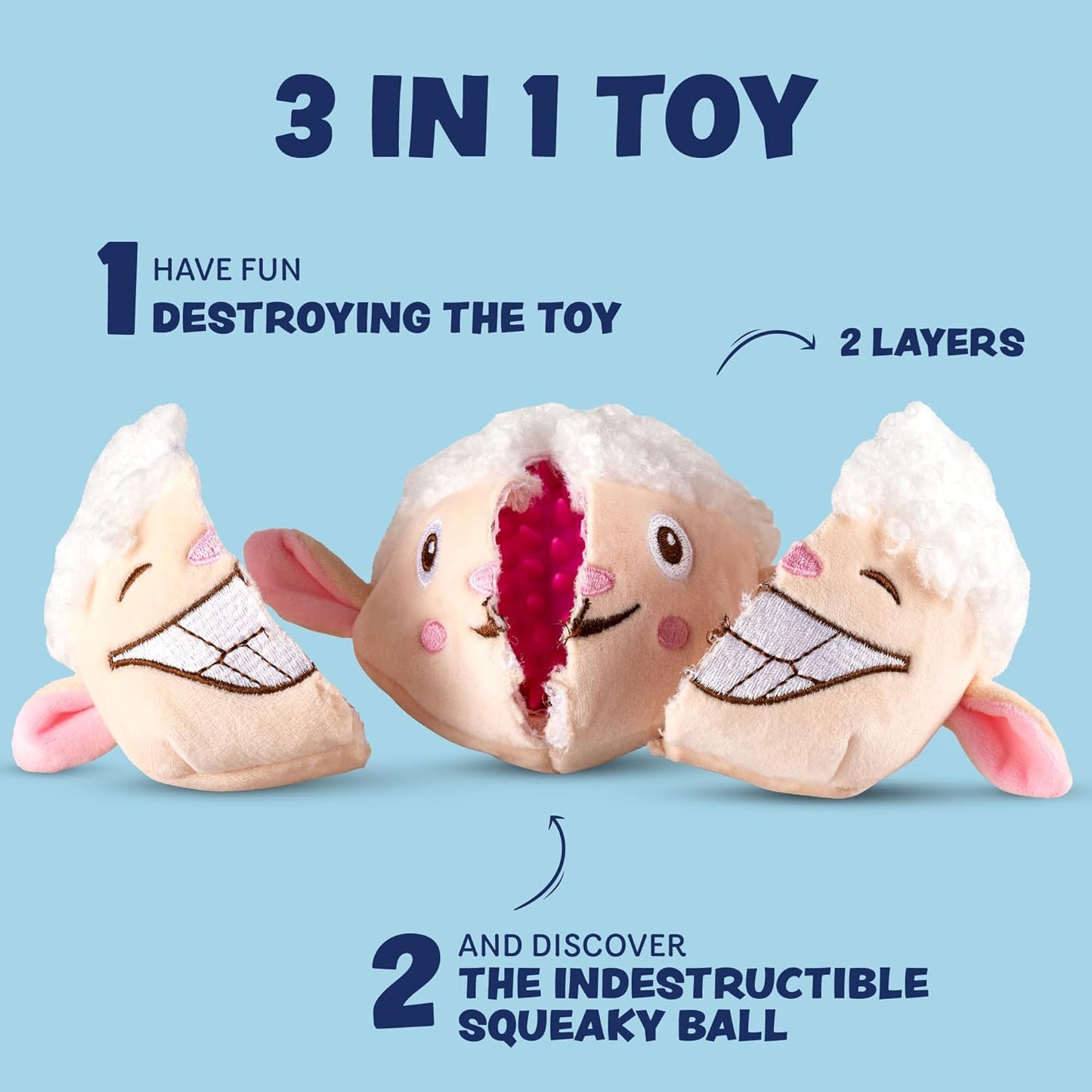 Dog Toys for Aggressive Chewers (3in1) - Squeaky Dog Toys Interactive - Dog Toys for Medium Dogs, Large & Small Breeds - Puppy Teething Chew Dog Toy - Juguetes Perros - Sheep