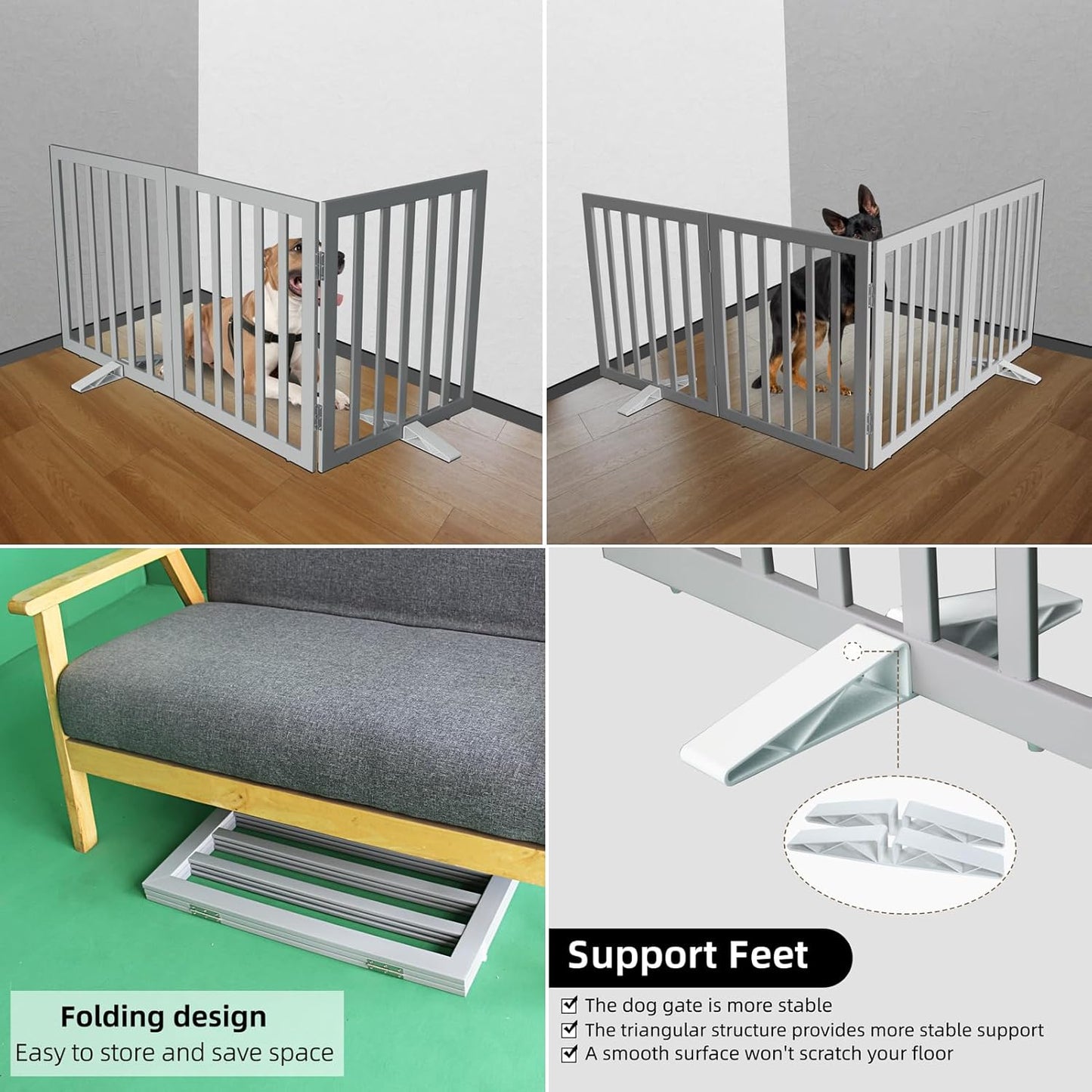 ZJSF Freestanding Indoor Dog Gate for House Foldable Wood Puppy Gate for Doorways Pet Gate for Stairs Extra Wide Pet Fence, Grey, 32" Height 3 Panels