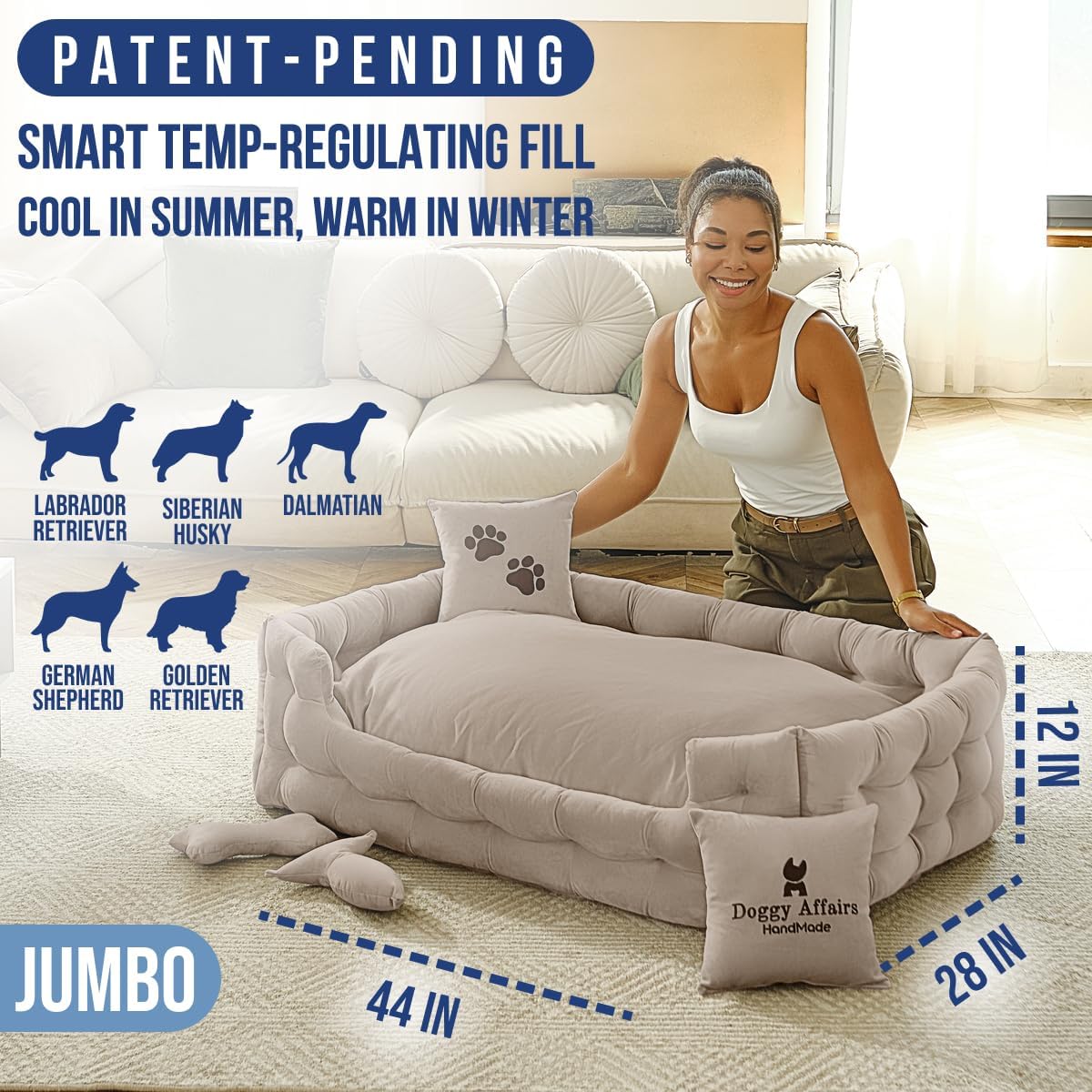 Luxury Dog Bed Chesterfield – Handcrafted Velvet Throne for Dogs | Joint Support, Calming & Temp-Regulating Comfort | Durable 5+ Years, Anti-Claw, Washable 100+ Times – XL, Ivory