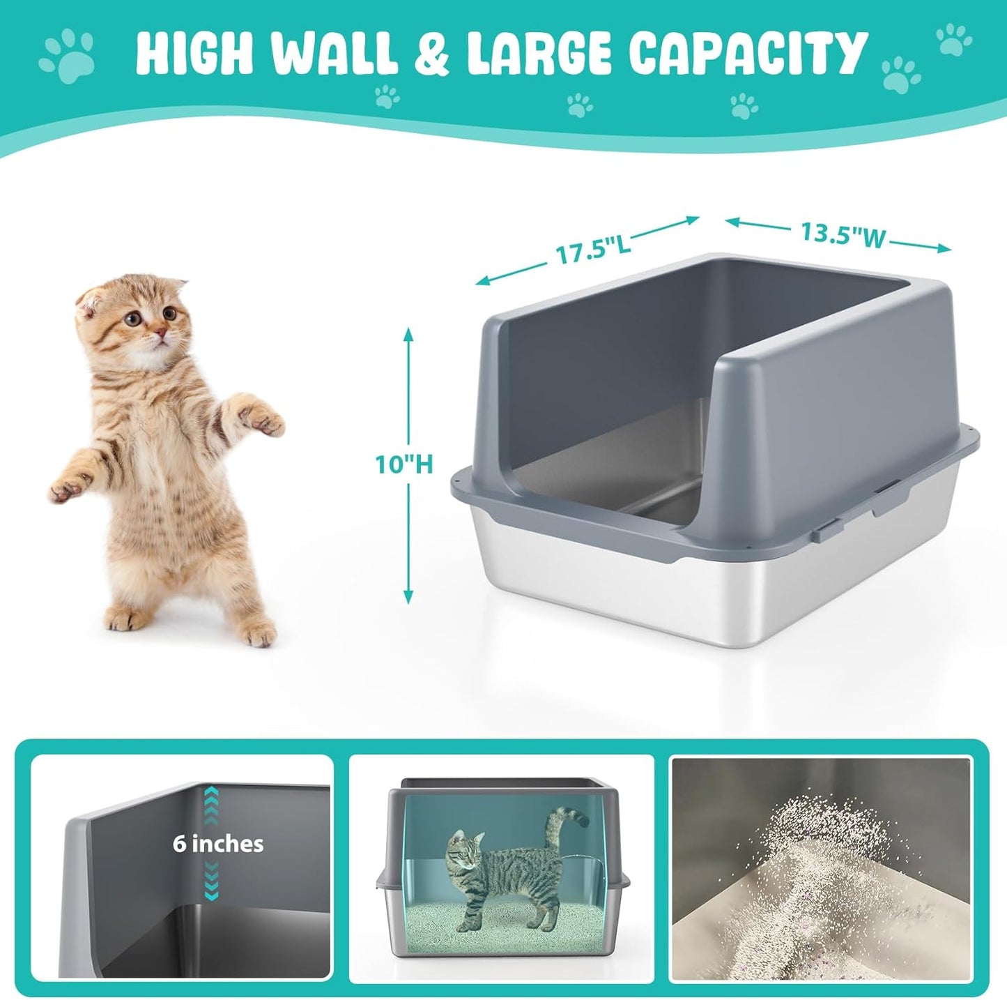 Litter Box with Lid, Stainless Steel Litter Box, 10" Metal Litter Tray High Sides, Small Litter Pan for Kittens, Enclosed Cat Litter Pan, Non-Sticky Covered Grey, Easy Clean