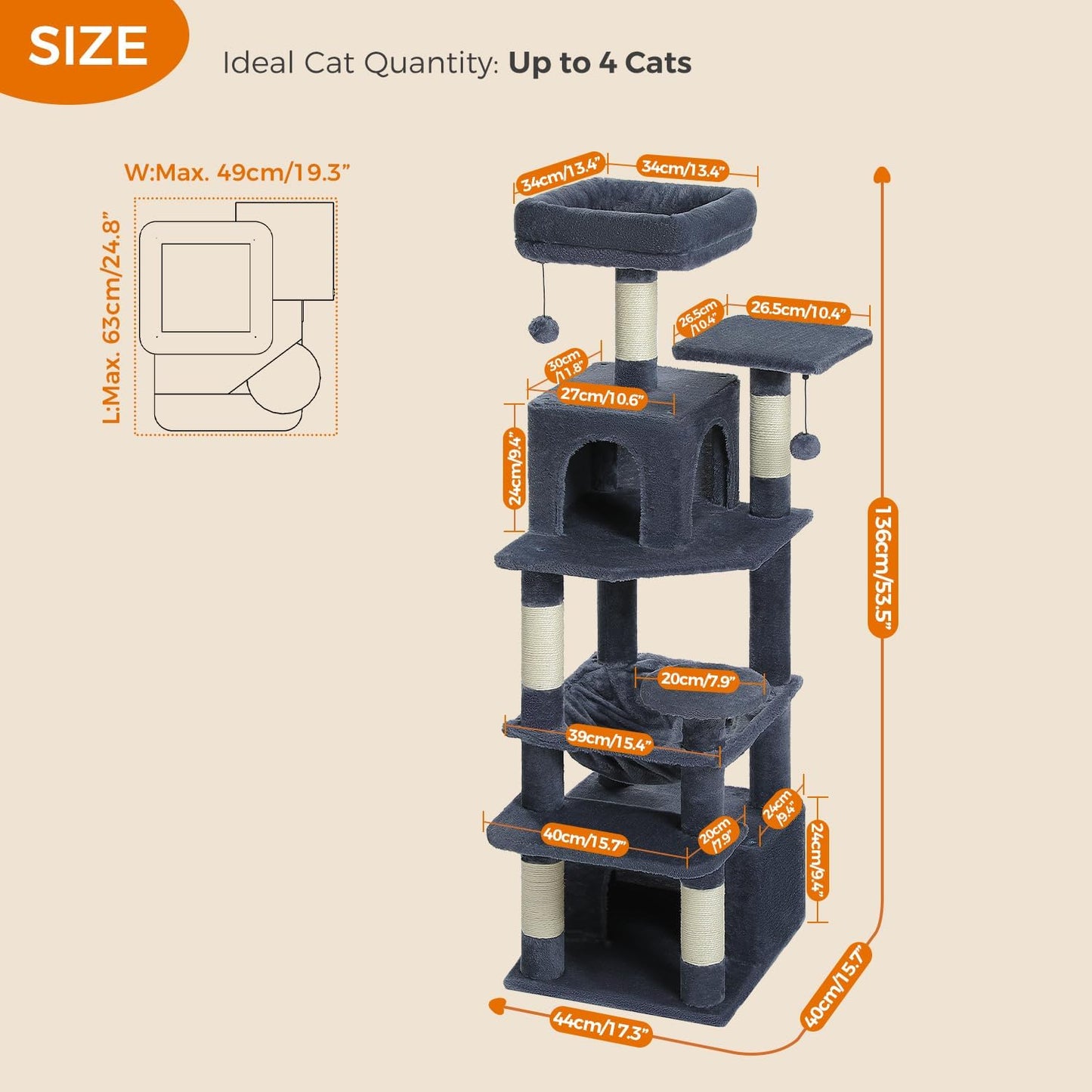 PAWZ Road Cat Tree, 53.5 Inches Tall Cat Tower with Spacious Hammocks, Condos and Scratching Posts, Cat House with Dual Padded Perches for Indoor Large Cats-Dark Gray