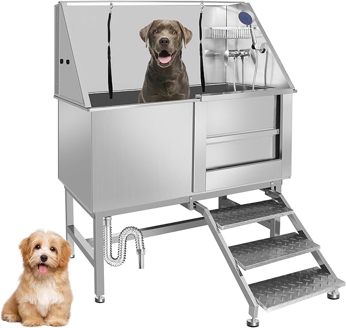 50" Pet Dog Bathing Station W/Stairs, Professional Stainless Steel Dog Grooming Tub W/Soap Box, Faucet,Rich Accessory, Dog Bathtub for Large,Medium,Small Pets, Washing Sink for Home (50" Right ramp)