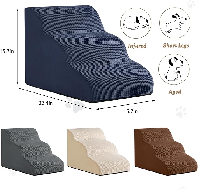 Dog Stairs and Steps for Beds Or Couches, 3-Step Pet Stairs & Steps for Small Dogs and Cats, Soft and Non-Slip Dog Ramp for Older Dogs,Pet with Joint Pain,Easy to Walk