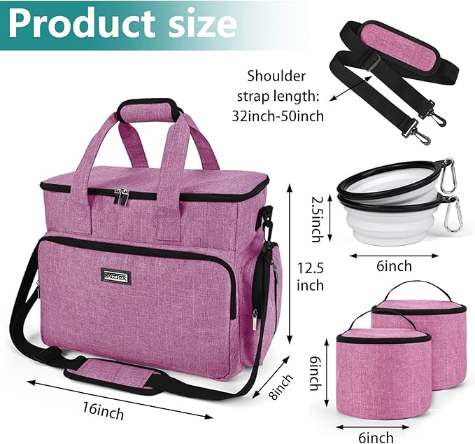 BAGLHER Dog Travel Bag, Pet Travel Bag (ALL Pet Travel Supplies), With 2 Pet Food Containers and 2 Collapsible Silicone Bowls; Essential Kits for Pet Travel Pink