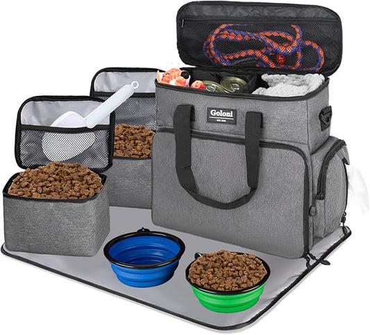 Dog Travel Bag Airline Approved–Pet Travel Tote with Collapsible Bowls,Food Containers & Feeding Mat–Multi-Pocket Organizer for Dogs & Cats, Durable & Water-Resistant for Hiking,Trips,Outdoors
