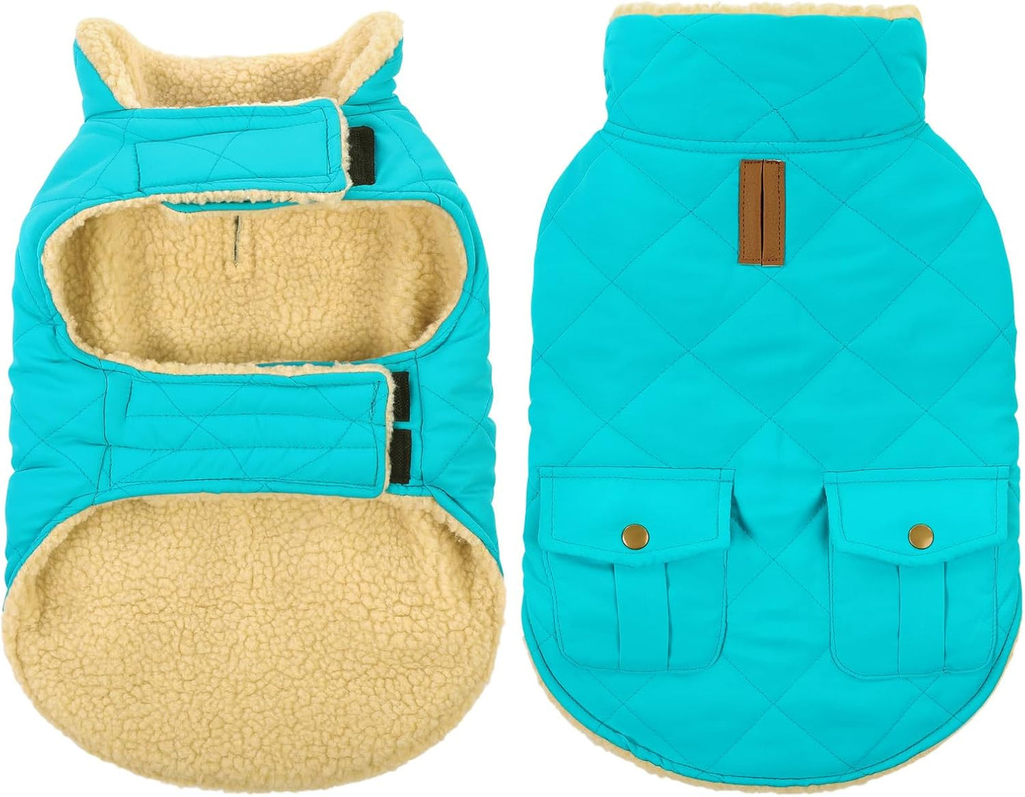 Queenmore Warm Dog Coat, Cold Weather Puffer Dog Coat Vest, Quilting Winter Pet Jacket Ultra Thick Plush Fleece Lining Pet Clothes for Dogs with Storage Pockets (Light Blue, Small)