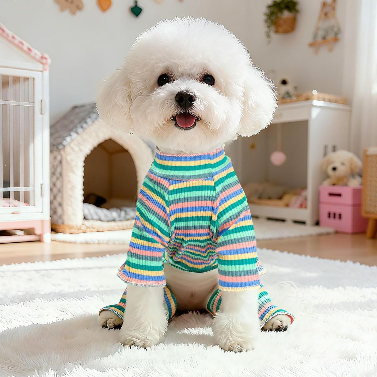 BAEJMJK Striped Dog Pajamas Stretchy Cute Four-Legged Boy Girl Dog Clothes with Sleeves Comfortable Dogs Jumpsuit Colorful Pet Puppy Outfits Apparel for Small Medium Dogs Cats(Green,Large)
