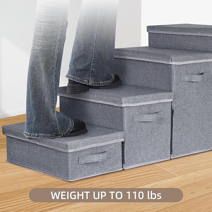 Dog Stairs with Storage, 4-Step Folding Pet Steps for Small Dogs and Cats, Pet Steps Storage with Zip, Pet Stairs for High Bed, Couch and Car Ramp (Gray, 4 Steps no Condo)