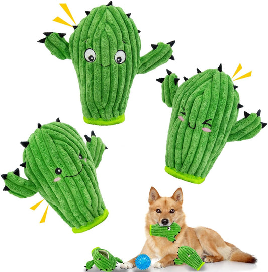 No Stuffing 3 Pack Squeaky Dog Toys- 2 in 1 Interactive Plush Dog Toy- Cactus Shaped Rip and Reveal Toy for Puppies-Indoor & Outdoor Play Training & Toss & Play
