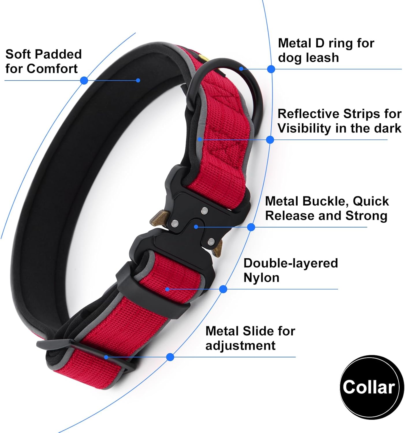 Plutus Pet Tactical Dog Collar, Reflective, Adjustable Heavy Duty Dog Collar, Soft Padded and Comfortable, for Small Medium and Large Dogs (Red, XL)