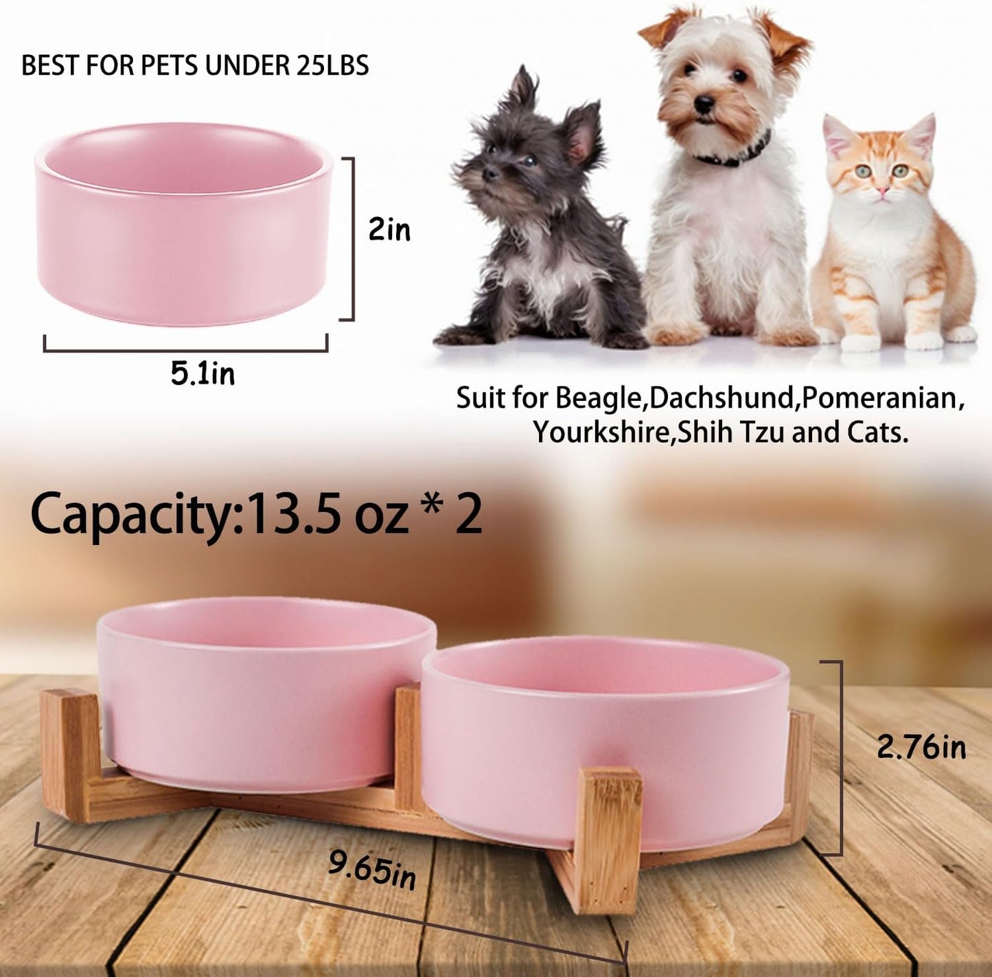 Petygooing Ceramic Cat Dog Bowl Set with Stand,Pink Pet Food and Water Dish,Small Dog Bowls Anti Slip Set of 2 Cat Bowls Pet Food Dishes Pet Bowl Small Size Pet (13.5OZ/5.1 in)