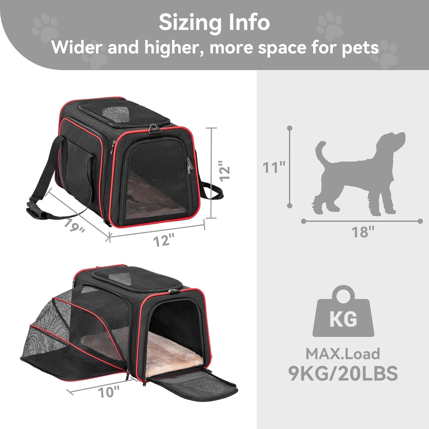 Petsfit Expandable Dog Carrier Large Cat Carrier, Soft-Sided Portable Collapsible Pet Travel Carrier for Kittens, Puppies or Small Animals, 19 x12x12 Inches, Black
