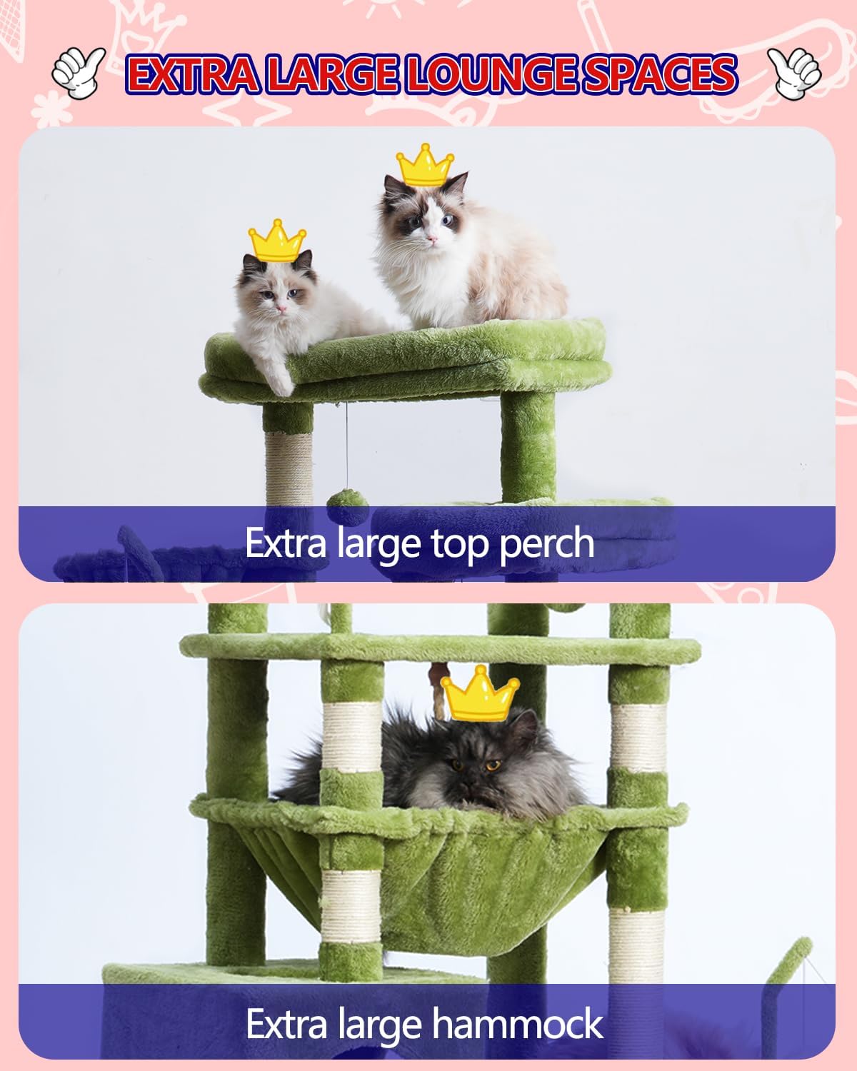 Cat Tree, Cat Tower for Large Cats with 2 Big Platforms, 2 Baskets, condo and Toys, 63" Cat Scratching Posts for Indoor Cats, Green GCT020GR