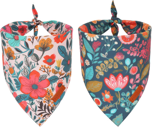 PTDECOR Flower Dog Bandana,2 Pcs Floral Reversible Dog Scarf, Multi Size, Triangle Pet Bandanas for Extra Large Dogs (Flower, X-Large)