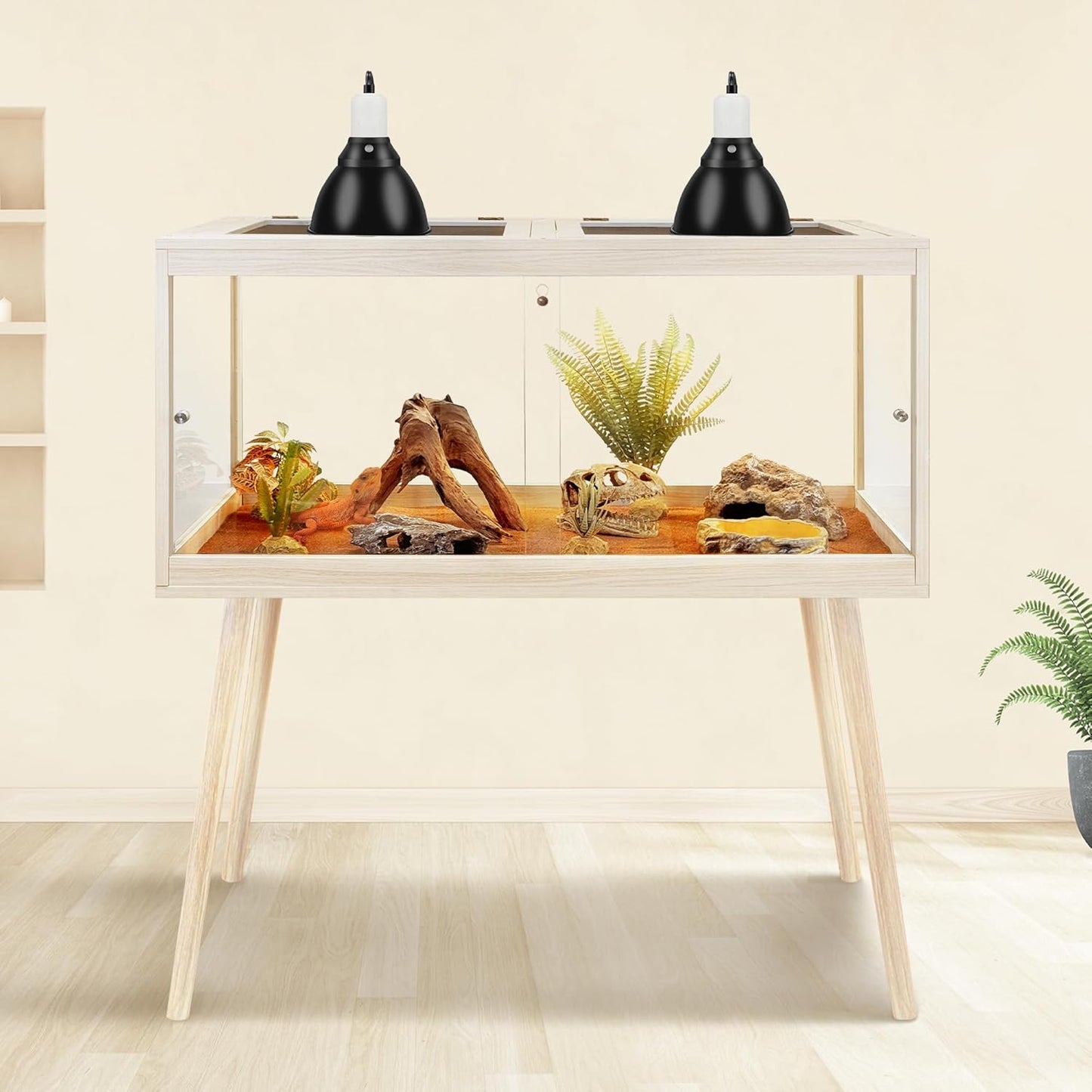 PROLEE Tempered Glass Reptile Enclosure with Leg,32“ Scratch-Proof Bearded Dragon Tank,32 Gallon Lizard Tank with Metal Mesh Tops and Lockable Door,Spacious Reptile Habitat for Snake,Lizard (Oak)