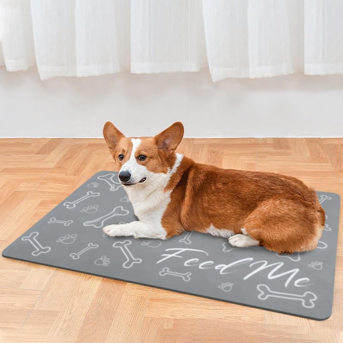 Le courant Dog Bowl Mats for Feeding, Cat Feeding Mat, Non-Slip Super Absorbent,No Stains Quick Dry Dog Water Dispenser.for Messy Drinkers.Easy Clean.Grey.Bone Printing-15.7x23.6 in