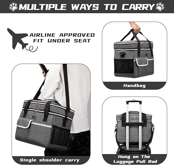 BAGLHER Dog Travel Bag for Supplies - Double-Layer Airline Approved Weekend Pet Travel Organizer Set for Dog and Cat Tote with 2 Pet Food Containers and 2 Collapsible Silicone Bowls Grey