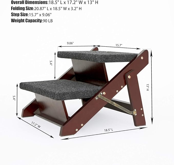 MEWANG Wooden Pet Stairs/Pet Steps - 2-in-1 Foldable Stairs & Ramp for Beds and Cars - Portable Dog/Cat Ladder Up to 110 Pounds