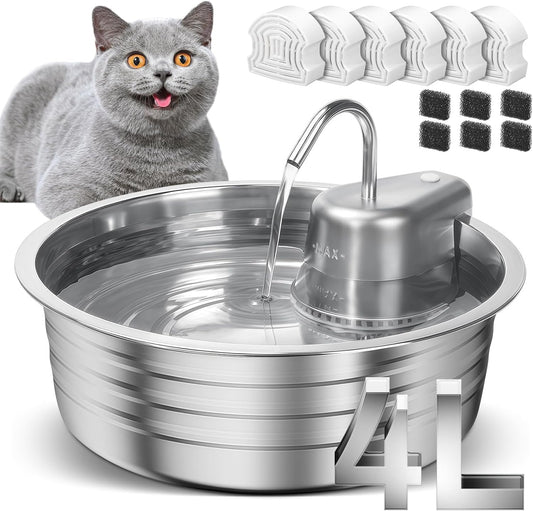 Cat Water Fountain, 4L/135OZ Stainless Steel Pet Fountain Dog Water Dispenser with 6 Filters & 6 Sponges, Dog Water Bowl Cat Drinking Fountains Watering Supplies with Ultra-Quiet Pump for Pets Indoor