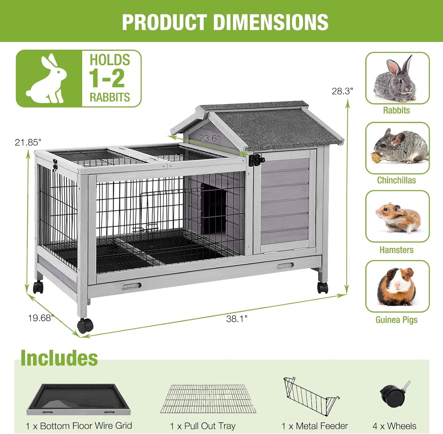 GUTINNEEN Rabbit Hutch Bunny Cage with Removable Wire Floor, Indoor/Outdoor Guinea Pig Cages with Leakproof Pull-Out Tray, 4 Lockable Wheels & Run Space