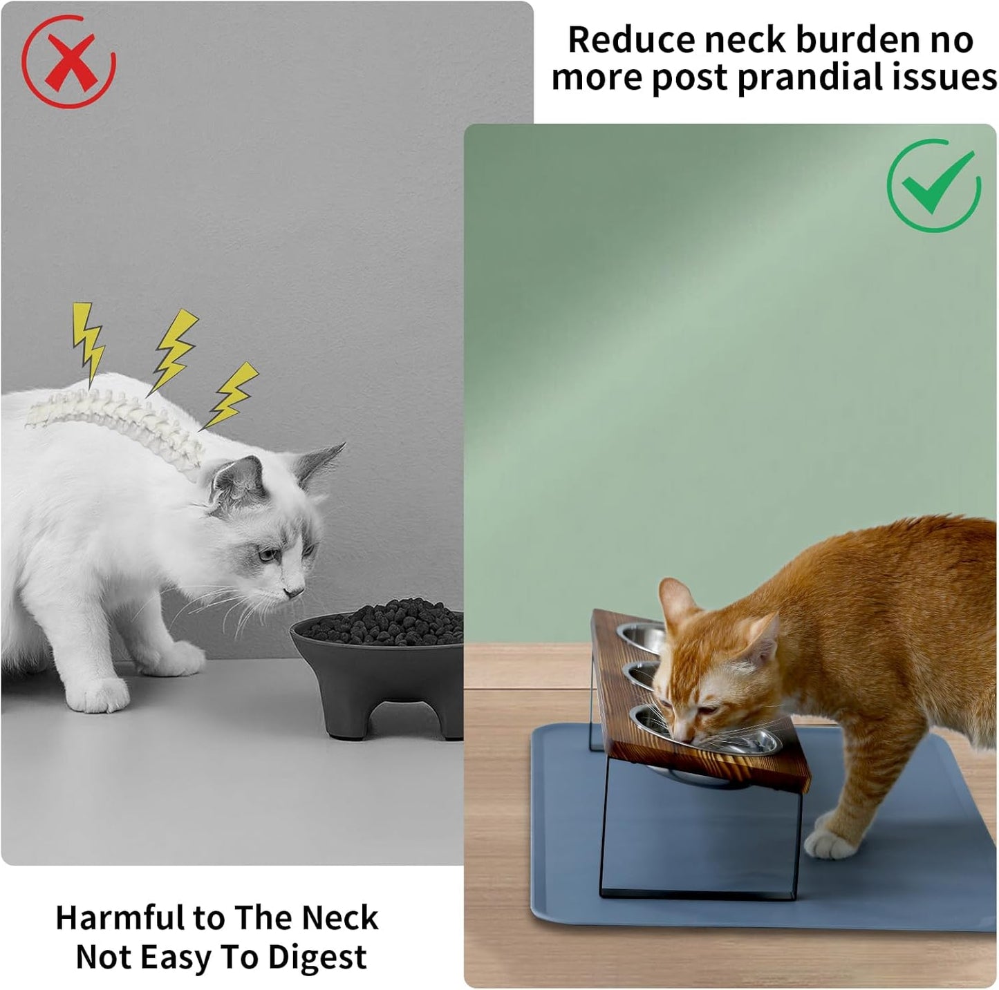 Upgraded Elevated Cat Bowls with Food Mat,15°Tilted Stand Anti Vomiting Raised Cat Dishes for Food and Water,3 Stainless Steel Bowls for Cats and Puppy（Rustic Brown）