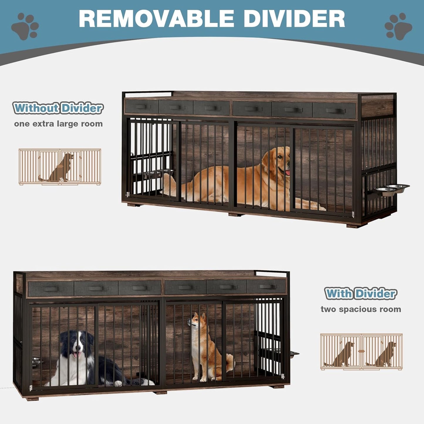 86.6Inch Large Double Dog Crate Furniture,Heavy Duty Metal Frame Dog Crate Kennel with Adjustable Feeder Bowls and Removable Divider&Drawers,Chew-Resistant Dog Kennel for 2 Dogs Indoor