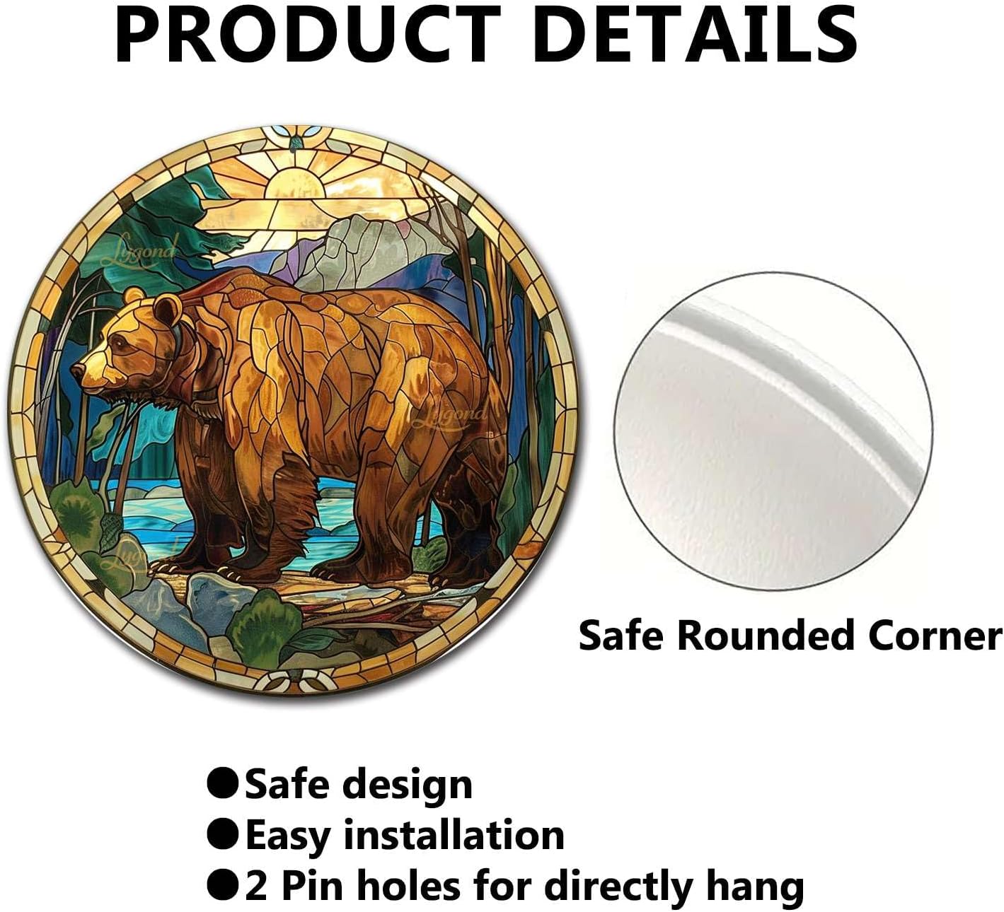 Lygond Metal Sign Tin Sign Circular Stained Glass Bear Garden Tin Signs for Bar 8×8 Inches