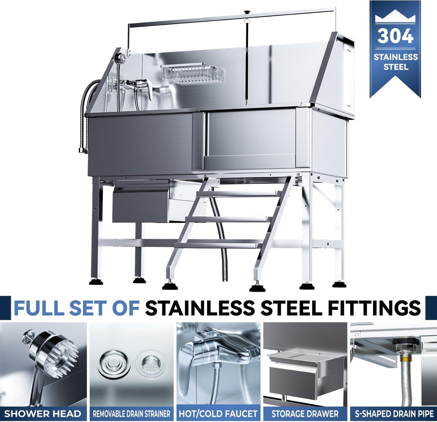 Professional 46" Dog Washing Station, Stainless Steel Dog Bathing Station, Height Adjustable Dog Wash Station, Storage Drawer, Upgrade Parts, Home, Commercial (Right Step)