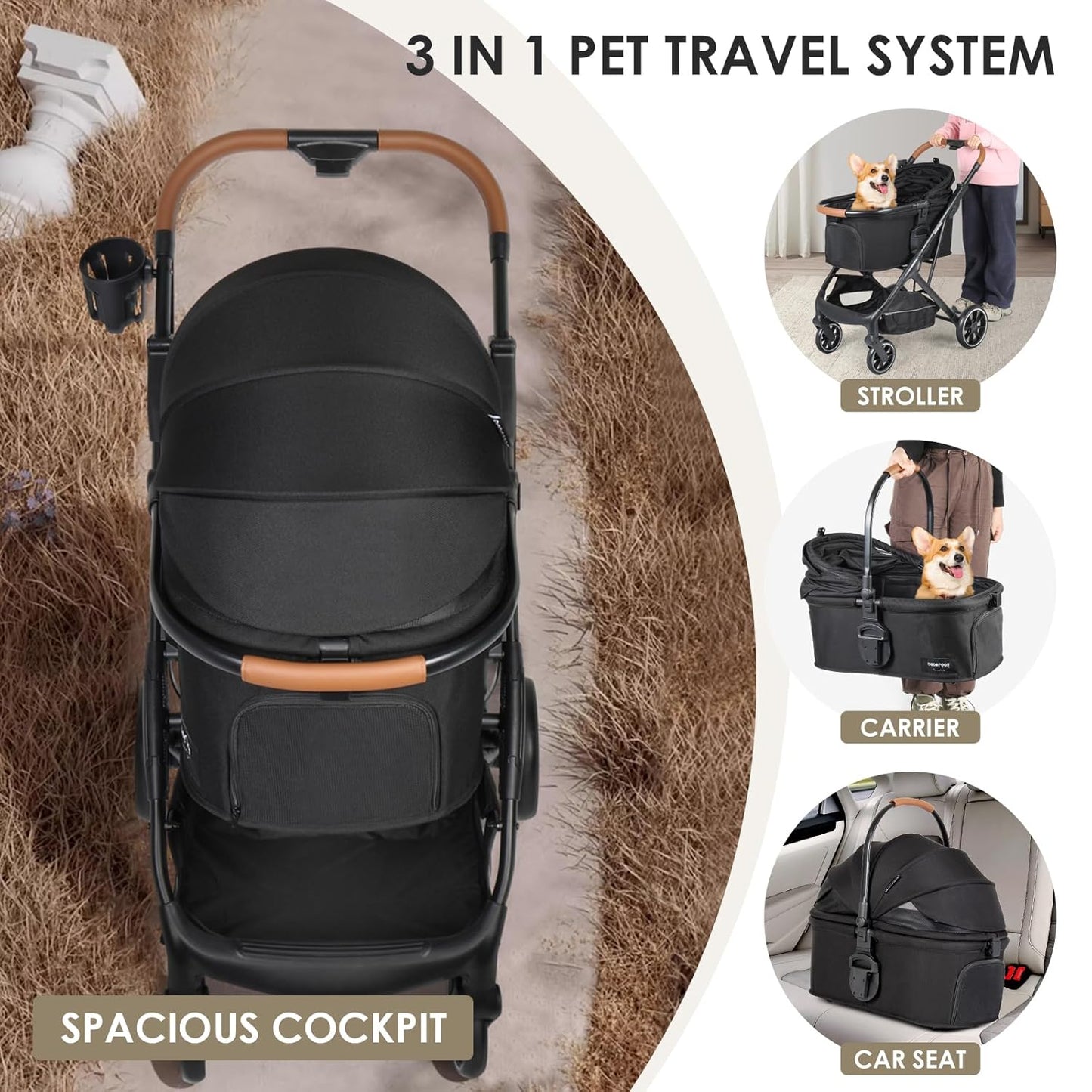 T6 Luxury Pet Stroller for Medium Dogs Up to 66lbs or 2 Small Pets – 3-in-1 Dog & Cat Stroller with Removable Carrier, Foldable & Lightweight (Black)
