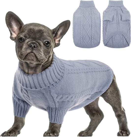 Queenmore Small Dog Pullover Sweater, Cold Weather Cable Knitwear, Classic Turtleneck Thick Warm Clothes for Chihuahua, Bulldog, Dachshund, Pug, Yorkie (Grey, X-Small)