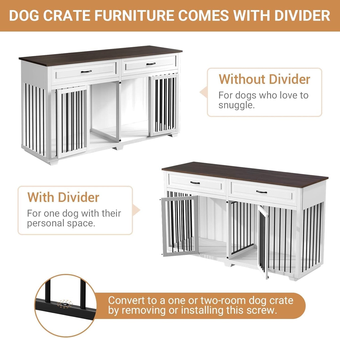 Large Dog Crate with Double Rooms, 72" Heavy Duty Wooden Dog Cage Furniture Dog Crate Kennel with Drawers & Removable Divider,Indoor Luxury Dog House for Large Dogs,White