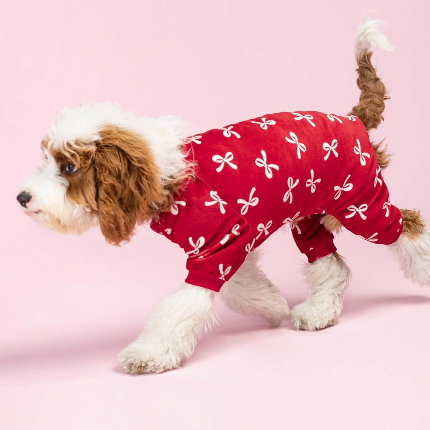 Fitwarm Bowknot Dog Pajamas, Warm Clothes for Small Dogs Girl, Fleece Pet Onesie with Feet, Burgundy Red, White, Large