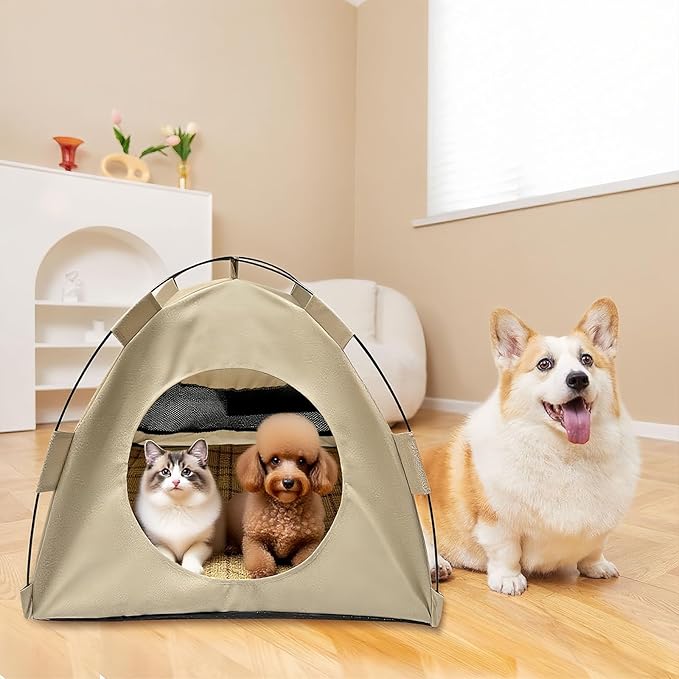 BreezyDen Pop-Up Pet Tent – Portable Hideaway for Cats & Small Dogs, Portable Indoor/Outdoor Pet Tent House with Mesh Window, Waterproof, Breathable, Scratch-Resistant, Fully Washable (Brown,L)